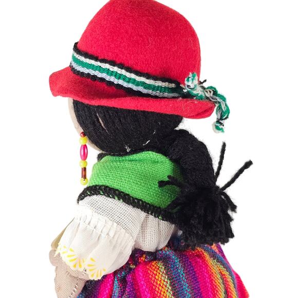 Handmade Bolivian Cloth Doll 9" Traditional Dress Red Hat Colorful Skirt & Beads - Picture 9 of 16